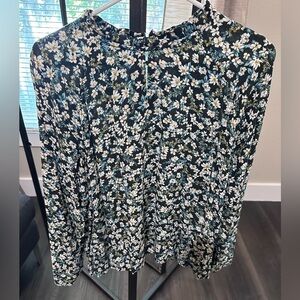 LOFT Navy Floral Blouse with White and Green Accents